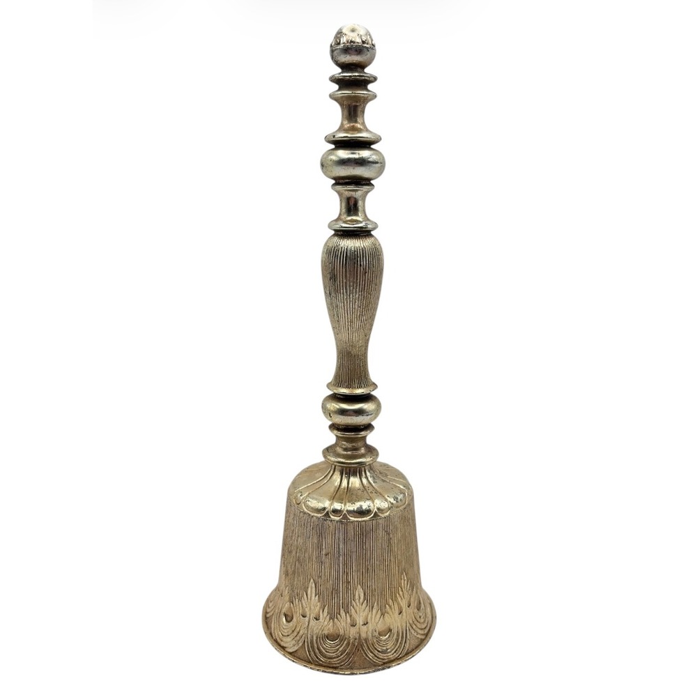 Vintage Brass Hand Bell 10.5" Tall Floral Etched Finial Top Natural Patina